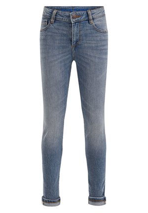Blue denim jeans with a slim fit, light wash, five-pocket design, finished hems, and a button closure. Features subtle fading and stitching details.