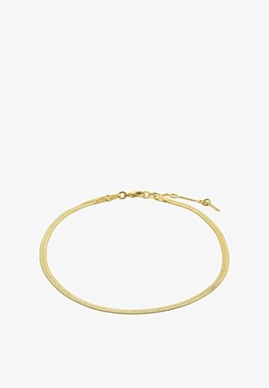 Náhrdelník z kovového reťazca vo zlatej farbe s hladkým a flexibilným dizajnom, obsahujúci bezpečné zapínanie a jemnú herringbone textúru.