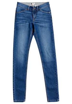 Blå slim-fit jeans med forlommer, bæltestropper og synlig knap- og lynlåslukning, der viser let falmede detaljer på lårene.