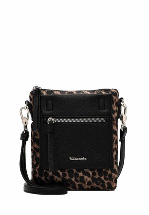Crossbody-taske med leopardprint, der har sorte læderdetaljer, en frontlomme med lynlås og en justerbar rem. Tekstureret materiale med sølvfarvede metaldele.