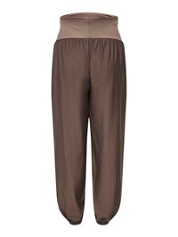 Pantalon ample marron taille haute avec une large ceinture élastique et des poignets froncés pour une coupe décontractée.