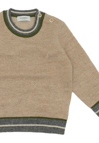 Maglione beige con motivo a spina di pesce e colletto a coste verde e grigio a righe. Presenta due bottoni sulla spalla, texture morbida.