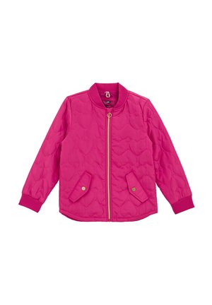 Veste matelassée rose avec surpiqûres en forme de cœur, fermeture éclair devant, deux poches à rabat avec boutons-pression, et poignets et col côtelés.