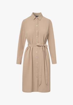 Beżowa sukienka koszulowa z długimi rękawami, guziki z przodu, kołnierz oraz pasek do związania w talii. Wykonana z gładkiego, lekkiego materiału.