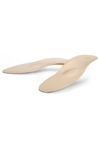 Beige orthotic insoles with a smooth surface, featuring perforations for breathability and a contoured design for arch support.