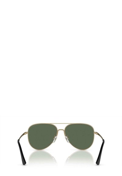 Occhiali da sole aviator con montatura in metallo dorato, lenti verdi e punte dei temple nere texturizzate. Caratteristiche includono cuscinetti nasali regolabili per il comfort.