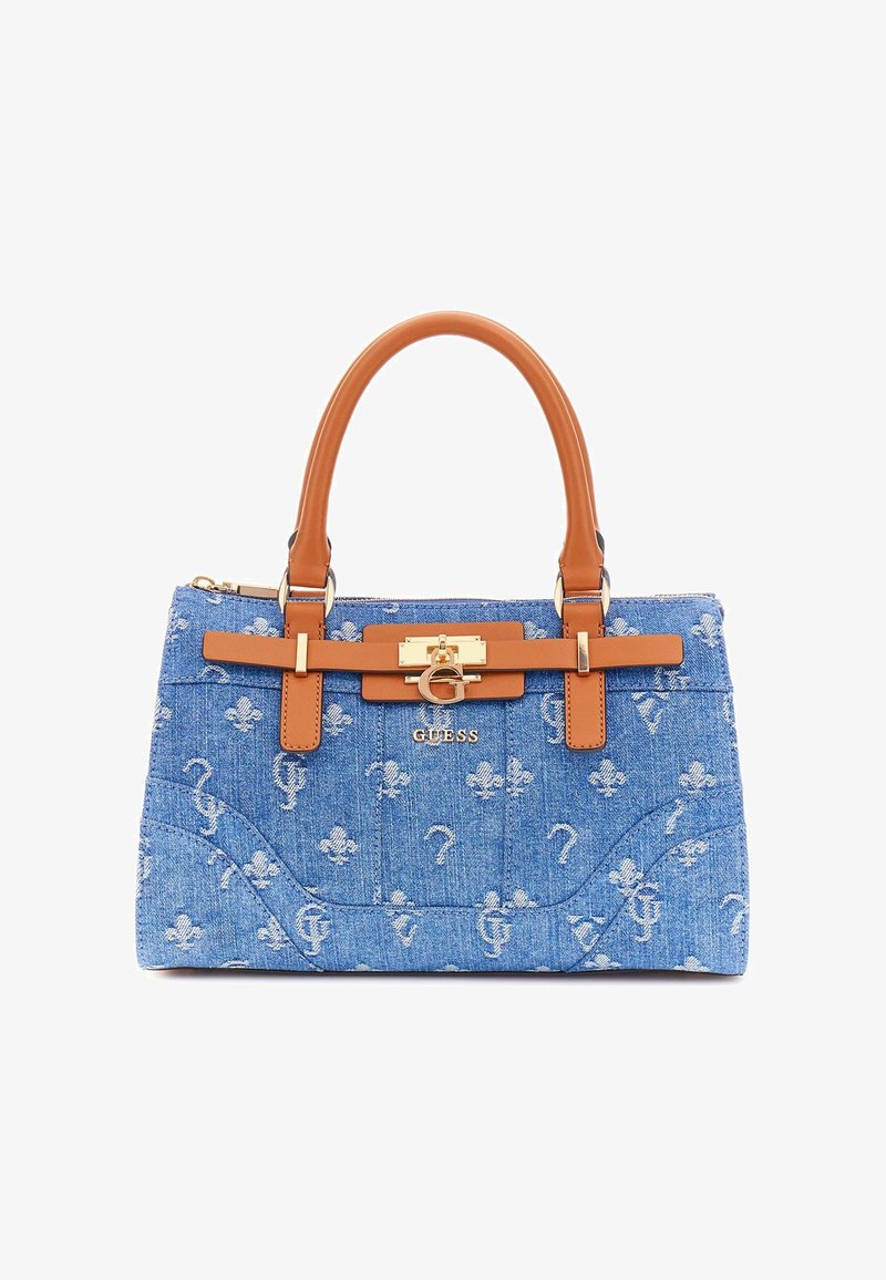 Borsa in denim con dettagli in pelle marrone, hardware dorato e motivi floreali. Dotata di manici doppi e chiusura con zip.