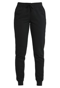 Zwarte trainingsbroek van zacht materiaal, met een elastische tailleband met trekkoord, zijzakken en ribbelboorden.