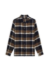 Flannel skjorte med et klassisk ternet mønster i brun, marineblå og hvid. Lange ærmer, knaplukning foran og en lomme med et logo-label.