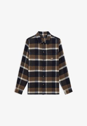 Koszula flanelowa z klasycznym wzorem w kratę w kolorach brązowym, granatowym i białym. Długie rękawy, zapięcie na guziki oraz kieszeń z metką logo.