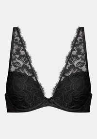 Soutien-gorge in pizzo nero con motivo floreale, scollatura profonda, bordi in pizzo trasparente e coppe in tessuto morbido. Caratterizzato da un sottofascia liscia per un buon supporto.