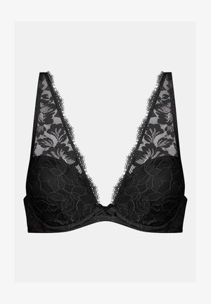 Schwarzer Spitzen-BH mit floralem Muster, tiefem Ausschnitt, transparenter Spitzenverzierung und weichen Stoffcups. Verfügt über ein glattes Unterband zur Unterstützung.