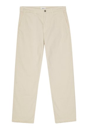 Pantalons en coton beige avec une coupe droite, poches avant et fermeture à bouton à la taille. Texture lisse, détails de couture minimaux.