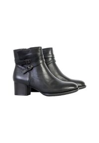 Black leather ankle boots with a medium block heel. Features two decorative straps with round hardware and a smooth, polished finish.