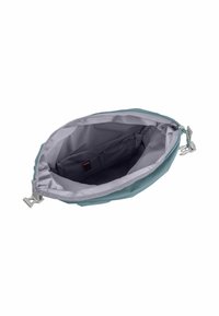 Türkisfarbene Stofftasche mit einem Reißverschluss, ausgestattet mit einem hellgrauen Innenraum und mehreren Fächern zur Organisation. Robuste Hardware-Akzente sind enthalten.