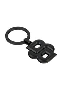 Black keychain with a stylized logo design, featuring smooth curved shapes and a round attachment ring, made of durable plastic material.