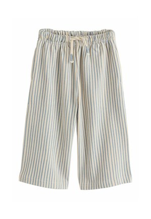 Lõdvalt istuvad beežid püksid vertikaalsete siniste triipudega, elastse vöökohaga ja ees nööriga seotavad.