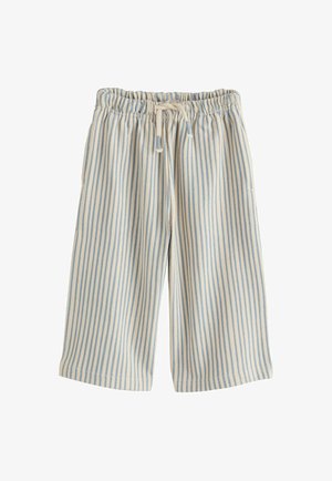 Loose-fitting beige pants with vertical blue stripes, elastic waistband, and a front drawstring tie.