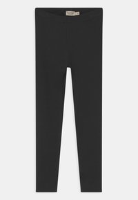 Sorte ribbede leggings med elastisk midje; glatt tekstur; tettsittende form; ingen synlige mønstre eller hardwaredetaljer.