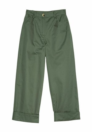 Pantaloni verde oliva a gamba larga con orli risvoltati, bottone frontale, cerniera, passanti per cintura e tasche anteriori.