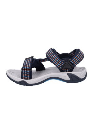 Sandale de sport avec des brides bleu marine réglables présentant des motifs bleus et orange, et une semelle grise rembourrée avec des accents noirs et bleus.