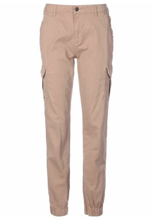 Beige cargo pants with button and zipper closure, side flap pockets, belt loops, and elastic cuffs at the ankles.
