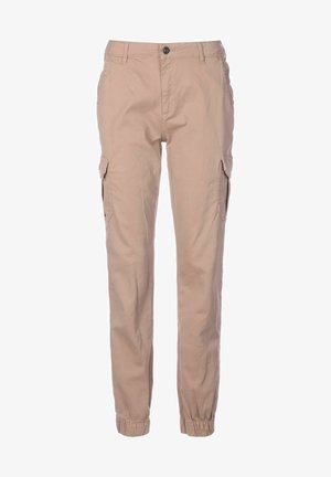 Beiget farkkumaiset housut, joissa on napit ja vetoketju, sivutaskut läppäkoristeilla, vyölenkit ja joustavat resorit nilkoissa.