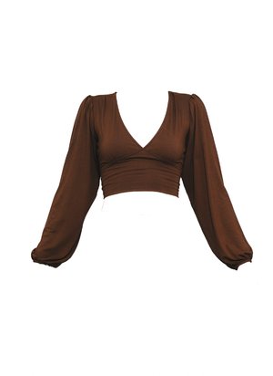 Brown cropped top with long, puffed sleeves and a deep V-neckline. Made from soft fabric with a fitted bodice and gathered details.