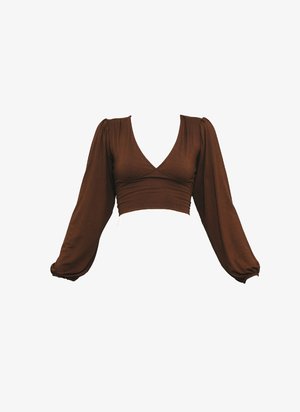 Top corto marrón con mangas largas abullonadas y escote en V pronunciado. Hecho de tela suave con corsé ajustado y detalles fruncidos.