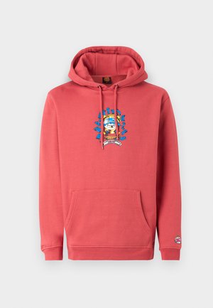 Koraalroze hoodie van zachte stof heeft een voorkeurszak, een capuchon met trekkoord en een kleurrijk graphic ontwerp op de borst.