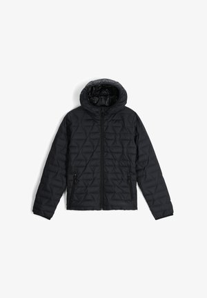 Zwarte gewatteerde jas met capuchon, voorzien van een rits aan de voorkant en twee zijzakken. Gladde textuur met een geometrisch patroon in het hele ontwerp.