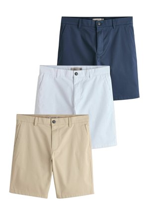 Drei Herren-Chino-Shorts in Marineblau, Hellgrau und Beige, vertikal angeordnet mit sichtbaren Knöpfen und Gürtelschlaufen.