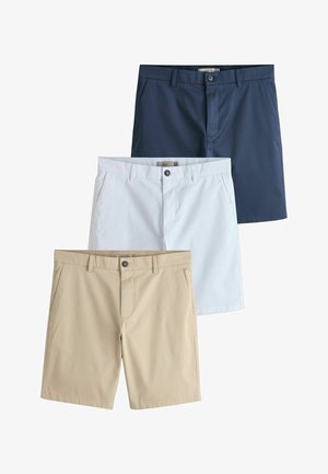 Drei Herren-Chino-Shorts in Marineblau, Hellgrau und Beige, vertikal angeordnet mit sichtbaren Knöpfen und Gürtelschlaufen.