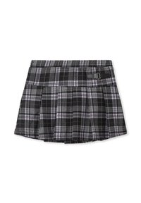 Gonna a quadretti nera e lavanda con pieghe, presenta una vita aderente e un piccolo dettaglio con fibbia nera sul lato.