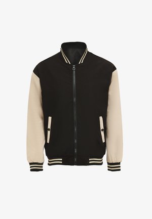 Giacca bomber nera e beige con zip frontale, due tasche con bottoni a pressione, colletto e polsini a coste, e dettagli a strisce.