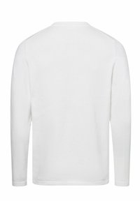 Ein schlichtes weißes Langarmshirt, von hinten gezeigt, mit rundem Ausschnitt und ohne sichtbare Muster oder Logos.