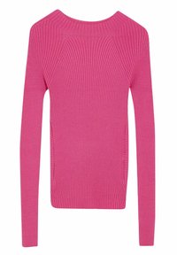 Maglione a maniche lunghe rosa a costine con un ampio scollo, caratterizzato da spacchi laterali e maniche aderenti. Il tessuto testurizzato offre una vestibilità aderente.