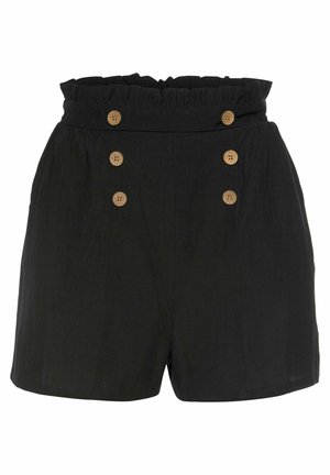 Bermuda nera con vita alta e arricciata, caratterizzata da quattro grandi bottoni in legno sul davanti. Realizzata in tessuto leggero, dalla texture morbida.