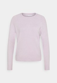 Pull à manches longues violet clair avec un col rond, des poignets et un ourlet côtelés. Fabriqué à partir d'un matériau doux et texturé avec un léger éclat subtil.