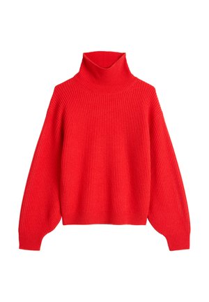 Roter, gerippter Rollkragenpullover mit lockerem Schnitt und langen Ärmeln. Die Textur wirkt weich, und der Ausschnitt ist hoch und eng anliegend.