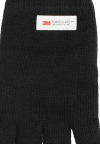 Sorte strikkede handsker med et Thinsulate-mærke. Stoffet har en glat tekstur med en tætsiddende pasform. Designet med fem fingre for øget fingerfærdighed.