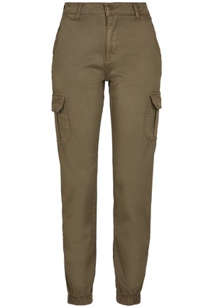 Cargo pants in olive green, made of smooth fabric, featuring side pockets, a button closure, and elasticated cuffs at the ankles.