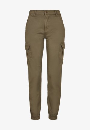 Pantaloni cargo di colore verde oliva, realizzati in tessuto morbido, con tasche laterali, chiusura con bottone e polsini elasticizzati alla caviglia.