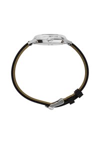 Reloj plateado con una cara de vidrio transparente y correa de cuero negro. La correa presenta un patrón texturizado y un cierre de acero inoxidable.