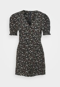 Robe noire à manches courtes avec un petit imprimé floral blanc et marron, décolleté en V, manches bouffantes et fermeture éclair au dos.