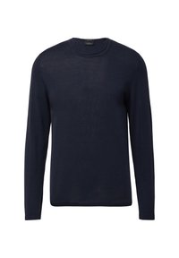 Navy blauwe trui met lange mouwen, ontwerp met ronde hals, vervaardigd uit een zacht breigoed met een gladde textuur en minimale naden. Geen patronen of accenten.
