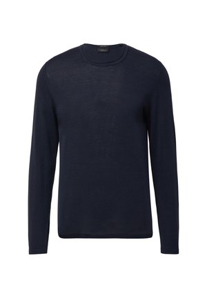 Marineblauer Pullover mit langen Ärmeln, Crewneck-Design, aus einem weichen Strickstoff mit glatter Textur und minimalen Nähten. Keine Muster oder Akzente.