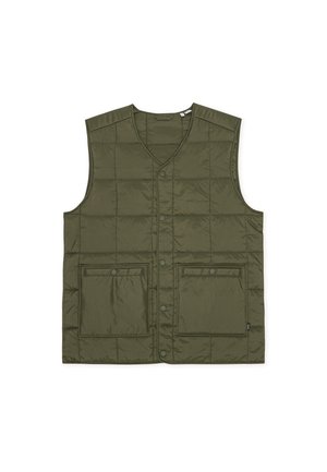 Πράσινο επενδυμένο γιλέκο με V-λαιμόκοψη, κλείσιμο με κουμπιά και δύο μπροστινές τσέπες. Λεία υφή με σχεδίαση καπιτονέ.
