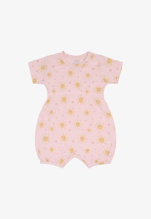 Rosa Baby-Strampler mit kurzen Ärmeln, gelber lachender Sonne und kleinen Herzmustern, rundem Ausschnitt und Druckknöpfen im Schritt.