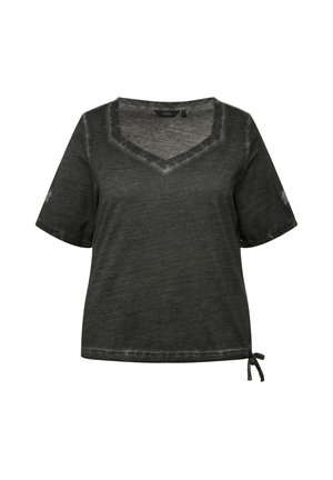 Top grigio a maniche corte con scollatura a V, texture morbida, dettaglio con cordoncino all'orlo e vestibilità leggermente rilassata.